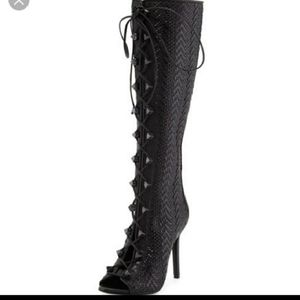 😍woven leather lace up heeled boots